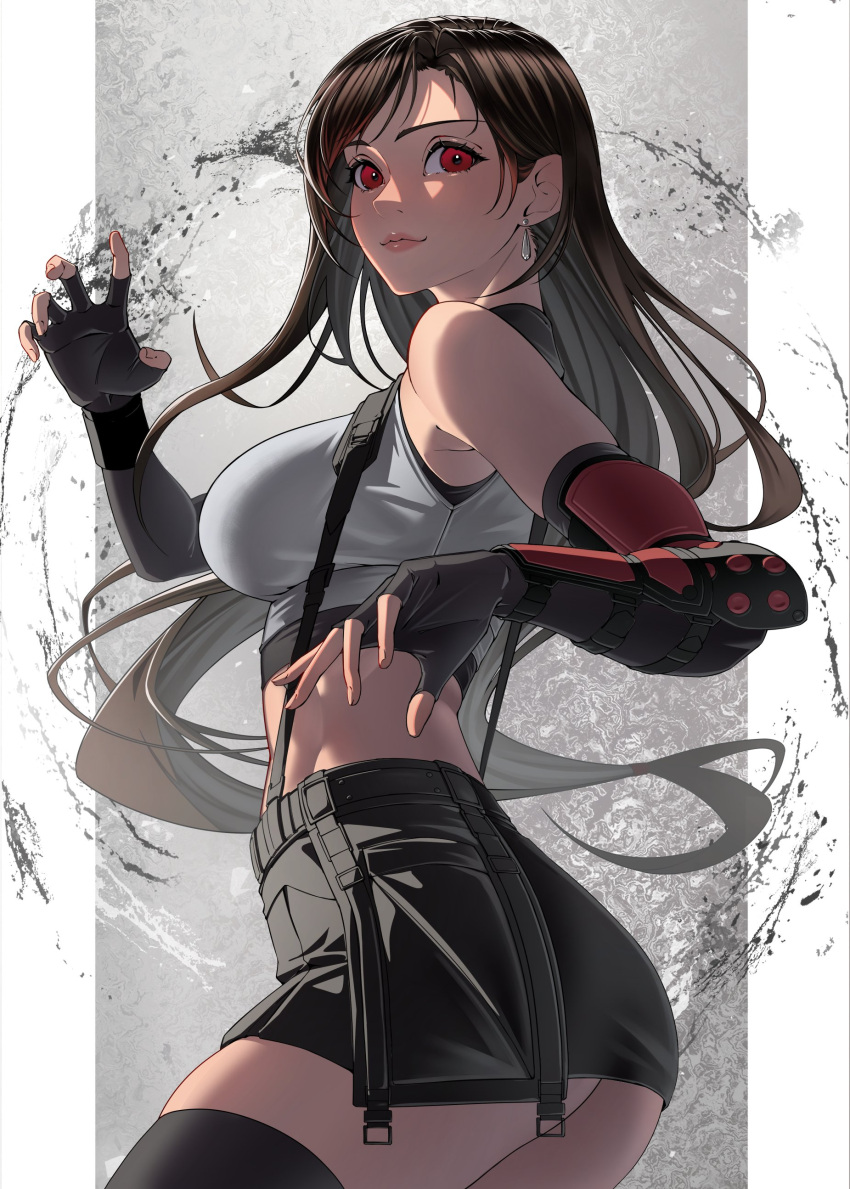 1girl absurdres ass black_gloves black_hair black_skirt black_thighhighs bracer breasts closed_mouth cowboy_shot crop_top earrings final_fantasy final_fantasy_vii final_fantasy_vii_remake fingerless_gloves floating_hair gloves hands_up highres jewelry large_breasts lips long_hair looking_at_viewer low-tied_long_hair midriff miniskirt red_eyes skirt solo suspender_skirt suspenders tank_top temoc thighhighs tifa_lockhart very_long_hair white_tank_top zettai_ryouiki