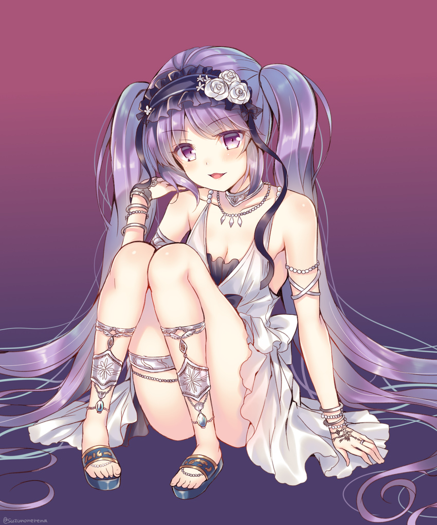 :d arm_support armlet armpits bangs bare_shoulders blush bracelet breasts choker cleavage commentary_request convenient_censoring dress euryale fate/grand_order fate/hollow_ataraxia fate_(series) full_body hairband highres jewelry lolita_hairband long_hair looking_at_viewer medium_breasts necklace open_mouth purple_eyes purple_hair sandals sitting smile solo suzune_rena thighlet twintails very_long_hair white_dress