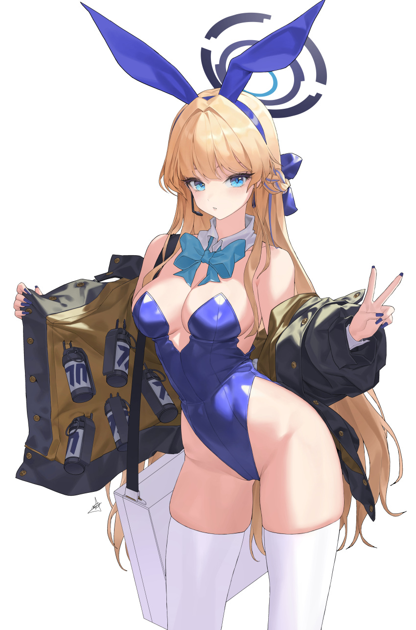1girl absurdres animal_ears bare_shoulders black_jacket blonde_hair blue_archive blue_bow blue_bowtie blue_eyes blue_hair blue_hairband blue_halo blue_leotard blue_nails bow bowtie braid breasts briefcase buttons cleavage coat_stash contrapposto cowboy_shot daeho_cha detached_collar earpiece expressionless fake_animal_ears fingernails hair_bow hairband halo headset highleg highleg_leotard highres jacket lapel_pin leotard long_fingernails long_hair looking_at_viewer medium_breasts multicolored_hair nail_polish off_shoulder official_alternate_costume open_clothes open_jacket outstretched_arms parted_lips playboy_bunny rabbit_ears shoulder_strap signature simple_background skindentation smoke_grenade solo standing strapless strapless_leotard streaked_hair suitcase thighhighs thighs toki_(blue_archive) toki_(bunny)_(blue_archive) v white_background white_thighhighs