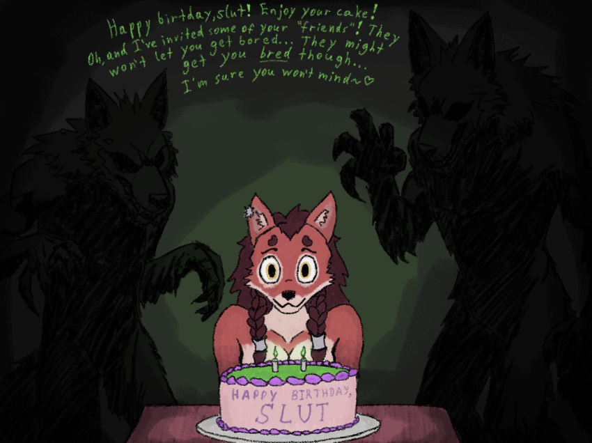 anonymous_artist anthro birthday birthday_cake birthday_candle braided_hair cake canid canine canis countershading dessert ear_piercing ear_ring ethiopian_wolf faceless_character faceless_male female food front_view grin group hair imminent_rape imminent_sex male mammal piercing ring_piercing shess'kah smile text trio unaware were werecanid werecanine werewolf wolf