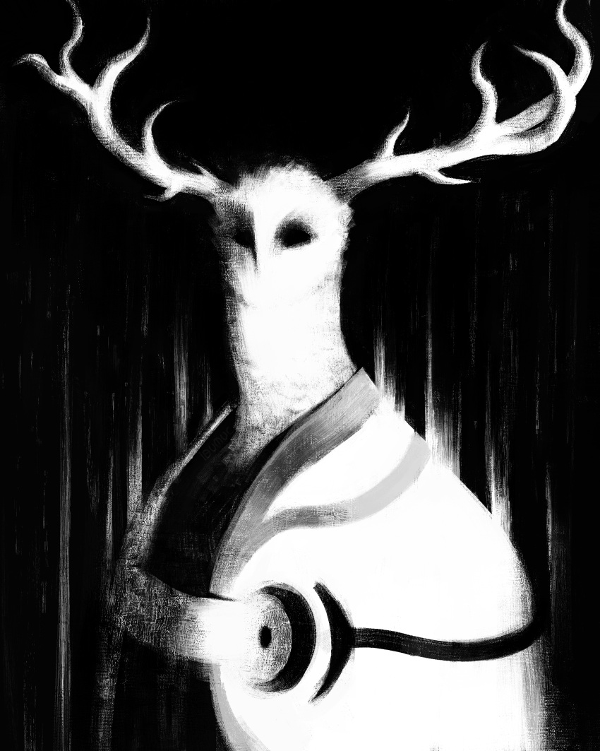 absurdres antlers cloak commentary greyscale high_contrast highres horns horror_(theme) ibumuc monochrome monster no_humans outer_wilds the_stranger's_inhabitants upper_body