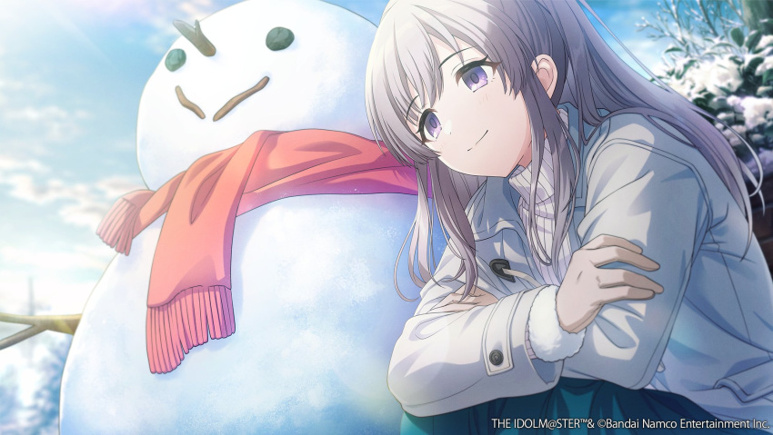 1girl blue_sky commentary_request day gloves grey_hair highres idolmaster idolmaster_shiny_colors idolmaster_shiny_colors_song_for_prism jacket long_hair noctchill_(idolmaster) official_art outdoors purple_eyes scarf sky smile snowman solo squatting sweater turtleneck turtleneck_sweater twintails upper_body winter yukoku_kiriko