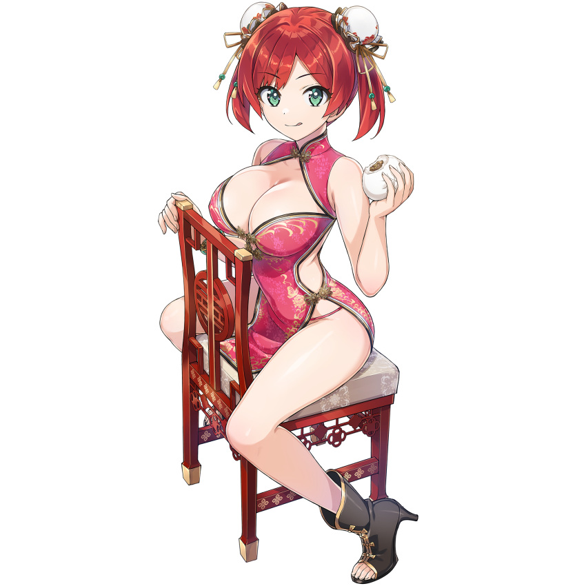 baozi breasts chair china_dress chinese_clothes dolphin_wave dress eating food highres large_breasts official_art ootomo_takuji panty_straps red_hair sakimiya_iruka sitting thick_thighs thighs underwear