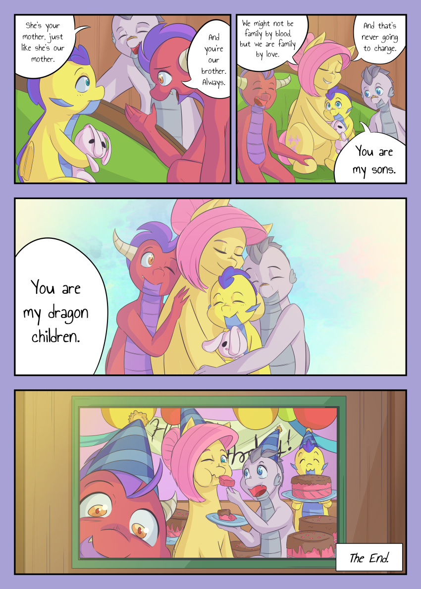 absurd_res adopted_(lore) adoptive_mother_(lore) age_difference balloon cake comic dessert dialogue dragon equid equine eyes_closed feathers female fluttershy_(mlp) food friendship_is_magic furniture group hair hasbro hi_res inflatable male mammal mustachedbain my_little_pony older_female pegasus pink_hair plushie pupils scalie smile sofa wings yellow_body yellow_feathers younger_anthro