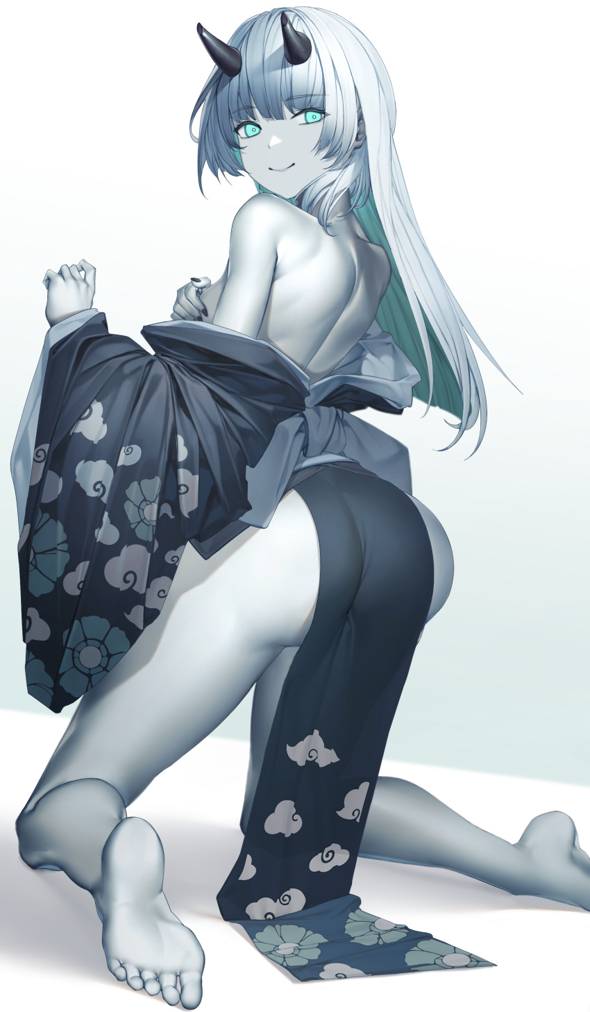 1girl absurdres abyssal_chishima_princess abyssal_ship alternate_costume aqua_eyes ass bare_shoulders black_kimono black_nails breasts closed_mouth clothes_down cloud_print covering_breasts covering_privates gradient_background highres horns japanese_clothes kantai_collection kimono kneeling long_hair looking_at_viewer mokuren_(mozukukirai88) pale_skin pelvic_curtain print_kimono sideboob small_breasts smile soles solo toes white_background white_hair wide_sleeves