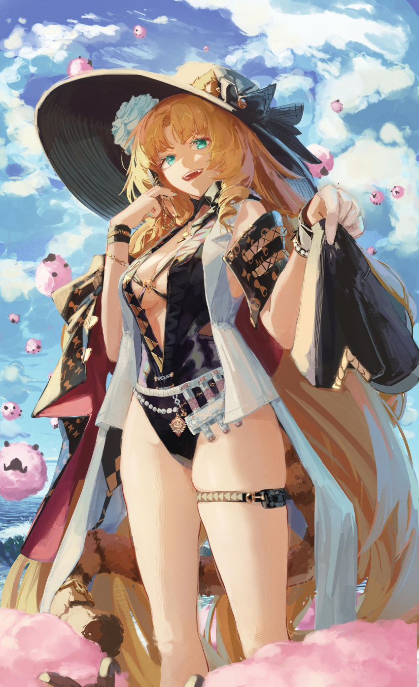 1girl :d absurdres animal_ears arknights bikini black_bikini black_headwear black_one-piece_swimsuit blonde_hair blue_sky breasts cloud commentary cowboy_shot drill_hair drill_sidelocks english_commentary fang gandy_(gan3e46) green_eyes hand_up hat highres long_hair looking_at_viewer one-piece_swimsuit outdoors sheep side_drill sidelocks sky smile solo sun_hat swimsuit swire_(arknights) swire_the_elegant_wit_(arknights) tail tail_ornament tail_ring thigh_strap tiger_ears tiger_girl tiger_tail very_long_hair