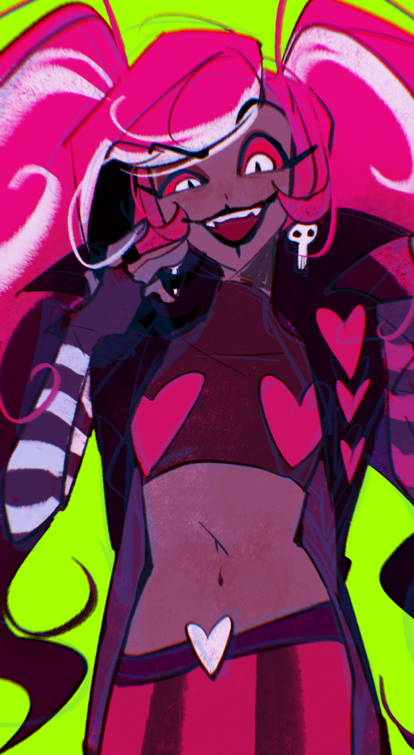 1girl ayellowbrick coat cowboy_shot crop_top demon_girl hazbin_hotel highres long_hair looking_at_viewer multicolored_hair open_clothes open_mouth pink_hair slit_pupils solo stomach streaked_hair twintails two-tone_hair velvette_(hazbin_hotel) very_long_hair white_hair