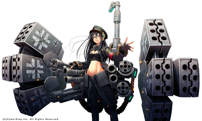 ammunition_belt black_hair breasts bustier cleavage cosmic_break fingerless_gloves gatling_gun gloves gun hat highres iron_cross jacket lisel_zweig looking_at_viewer medium_breasts midriff military military_uniform morizo_cs navel official_art open_clothes open_jacket open_mouth open_pants outstretched_arm panties peaked_cap red_eyes rocket_launcher solo standing stomach underwear uniform weapon white_background