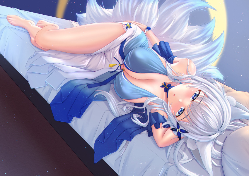 1girl animal_ear_fluff animal_ears azur_lane bare_shoulders blue_collar blue_dress blue_eyes blue_flower blue_rose breasts center_opening cleavage collar covered_nipples dress evening_gown flower fox_ears full_body halter_dress halterneck highres huge_breasts indoors kaidou_nora- kitsune kyuubi large_tail long_hair looking_at_viewer lying multiple_tails official_alternate_costume on_bed on_side pillow rose shinano_(azur_lane) shinano_(dreams_of_the_hazy_moon)_(azur_lane) solo tail very_long_hair white_hair white_tail wrist_flower