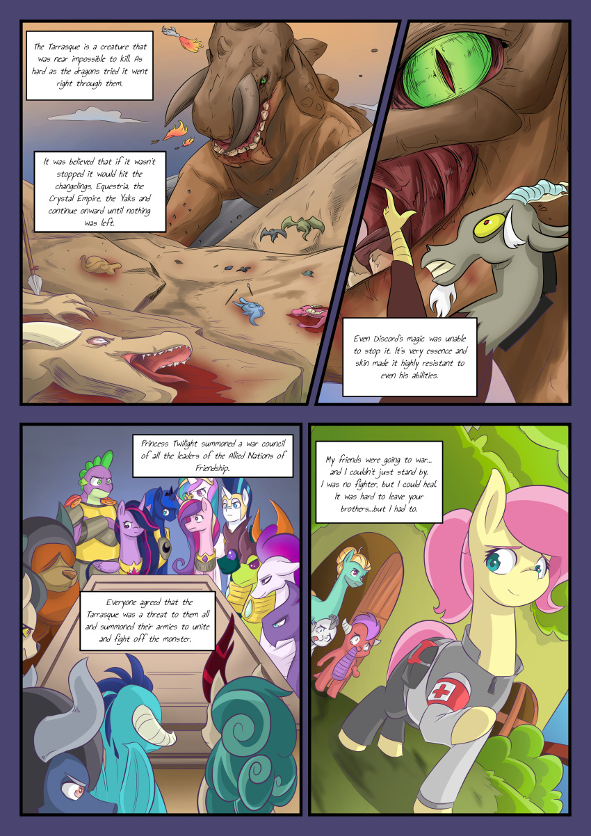 absurd_res ambiguous_gender armor asian_mythology blood blue_hair bodily_fluids bovid bovine brother_(lore) brother_and_sister_(lore) brown_body chimera chinese_mythology comic corpse discord_(mlp) draconequus east_asian_mythology equid equine female feral fluttershy_(mlp) friendship_is_magic green_sclera group hair hasbro headgear helmet hi_res horn kirin larger_feral male mammal mustachedbain my_little_pony mythology pink_body pink_hair princess_cadance_(mlp) princess_celestia_(mlp) princess_ember_(mlp) princess_luna_(mlp) pupils quadruped shining_armor_(mlp) sibling_(lore) sister_(lore) sisters_(lore) size_difference slit_pupils spike_(mlp) tarrasque text winged_unicorn wings yak yellow_body zephyr_breeze_(mlp)