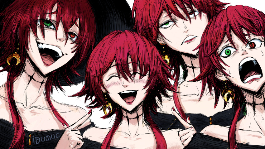 1girl bare_shoulders black_choker choker commentary crescent crescent_earrings crimson_(ragna_crimson) earrings eyebrows_hidden_by_hair frown green_eyes heterochromia highres ibumuc jewelry off_shoulder open_mouth pointing pointing_at_self ragna_crimson red_eyes red_hair short_hair_with_long_locks smile