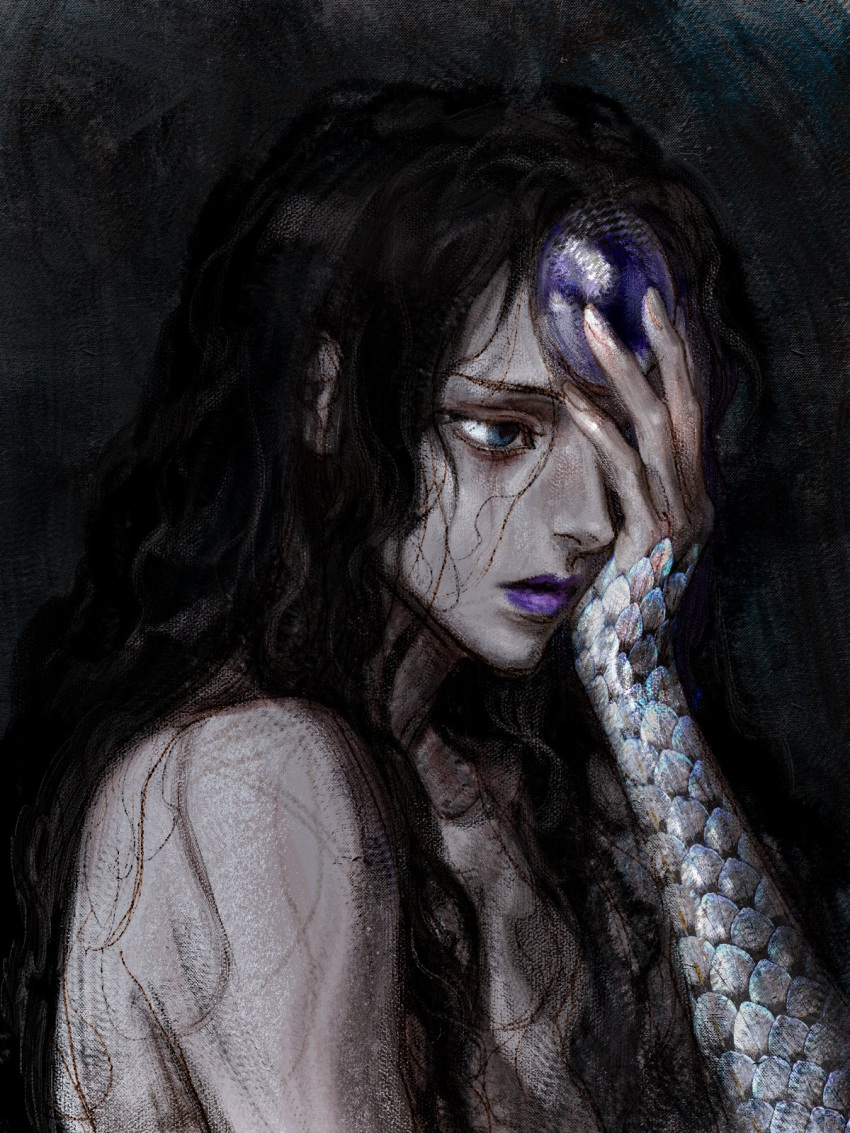 1girl black_hair blue_eyes closed_mouth eyelashes gem hair_between_eyes hand_on_own_face hand_over_eye hand_up hashtag_only_commentary highres hunter_x_hunter long_hair looking_ahead messy_hair nude one_eye_covered palm_siberia portrait purple_gemstone purple_lips scales solo u_ryeon wavy_hair