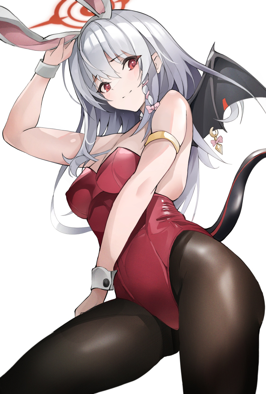 1girl absurdres alternate_costume animal_ears arm_strap bare_shoulders black_pantyhose black_wings blue_archive bow braid breasts cleavage commentary_request fake_animal_ears grey_hair hair_bow halo haruna_(blue_archive) highres leotard long_hair looking_at_viewer medium_breasts pantyhose pink_bow planb playboy_bunny rabbit_ears red_eyes red_halo red_leotard simple_background single_braid single_wing solo standing tail umber00 white_background wings