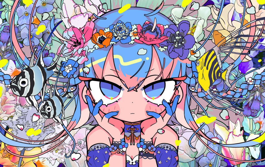 1girl ahoge animal bare_shoulders blue_dress blue_eyes blue_flower blue_hair blush_stickers braid breasts cleavage closed_mouth commentary_request dress expressionless fish flower hair_between_eyes hands_on_own_cheeks hands_on_own_face head_wreath long_hair looking_at_viewer multicolored_hair orange_flower original petals pink_flower pink_hair psychedelic solo straight-on terada_tera twin_braids two-tone_hair white_flower wrist_cuffs