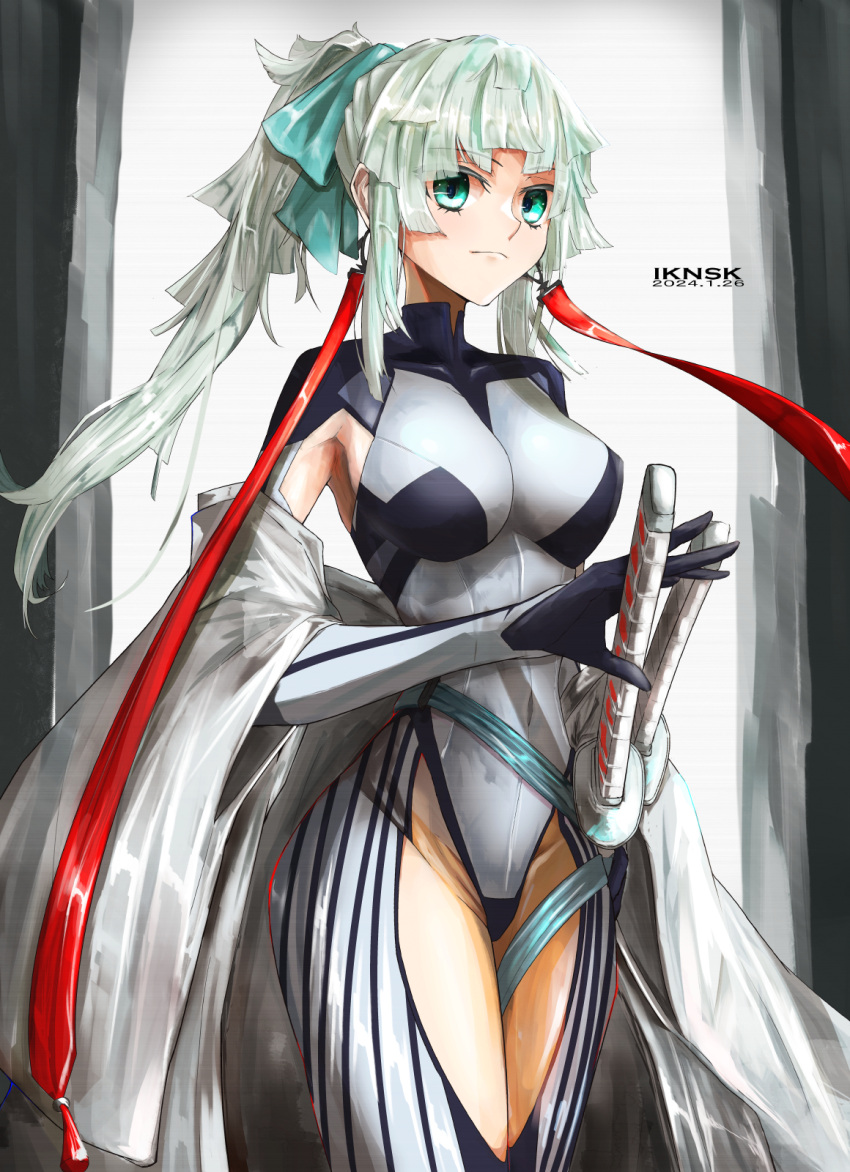 1girl armpit_cutout belt black_bodysuit bodysuit braided_hair_rings breasts clothing_cutout covered_navel earrings fate/grand_order fate/samurai_remnant fate_(series) green_eyes hair_ribbon highleg highres iknsk japanese_clothes jewelry katana kimono long_hair long_sleeves looking_at_viewer medium_breasts off_shoulder ponytail ribbon sidelocks solo sword thigh_cutout thighs two-tone_bodysuit weapon white_bodysuit white_hair white_kimono wide_sleeves yui_shousetsu_(fate) yui_shousetsu_(first_ascension)_(fate)