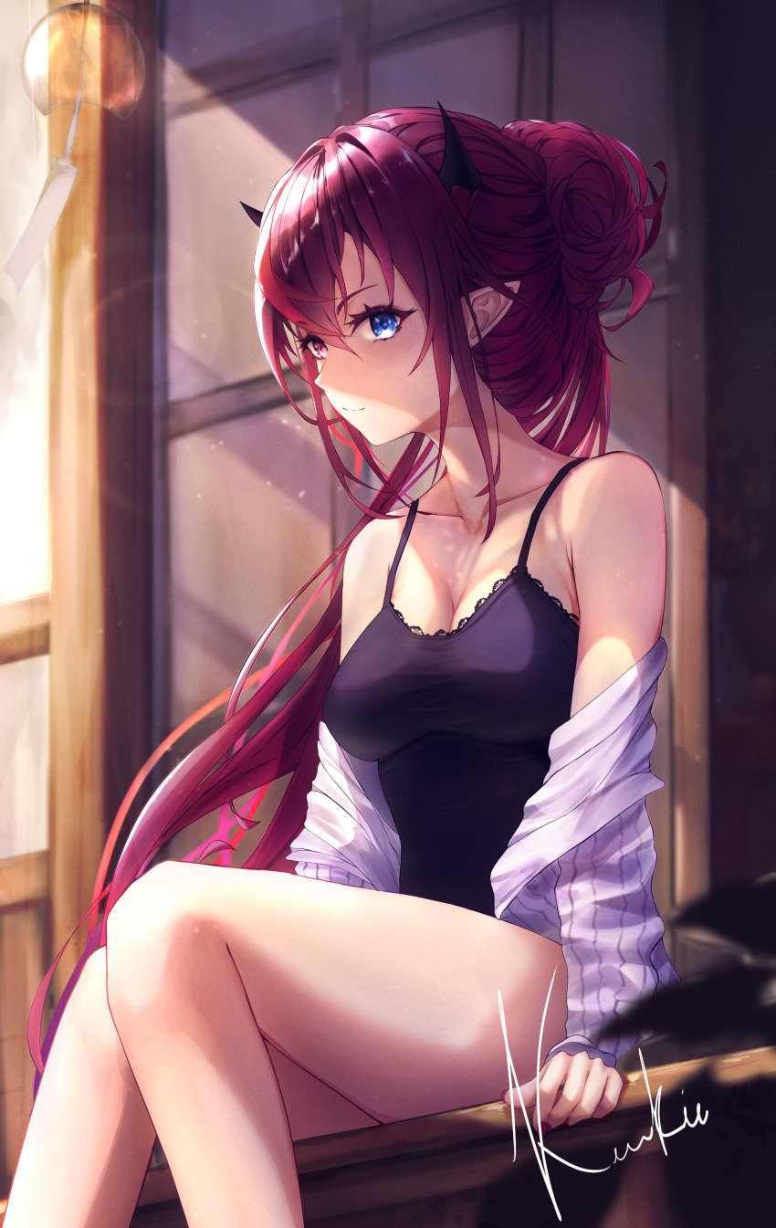 1girl absurdres black_dress blue_eyes breasts cleavage dress hair_bun heterochromia highres hololive hololive_english irys_(hololive) koukie long_hair looking_at_viewer medium_breasts multicolored_hair pink_eyes pointy_ears ponytail purple_hair red_hair shirt single_hair_bun solo two-tone_hair very_long_hair virtual_youtuber white_shirt