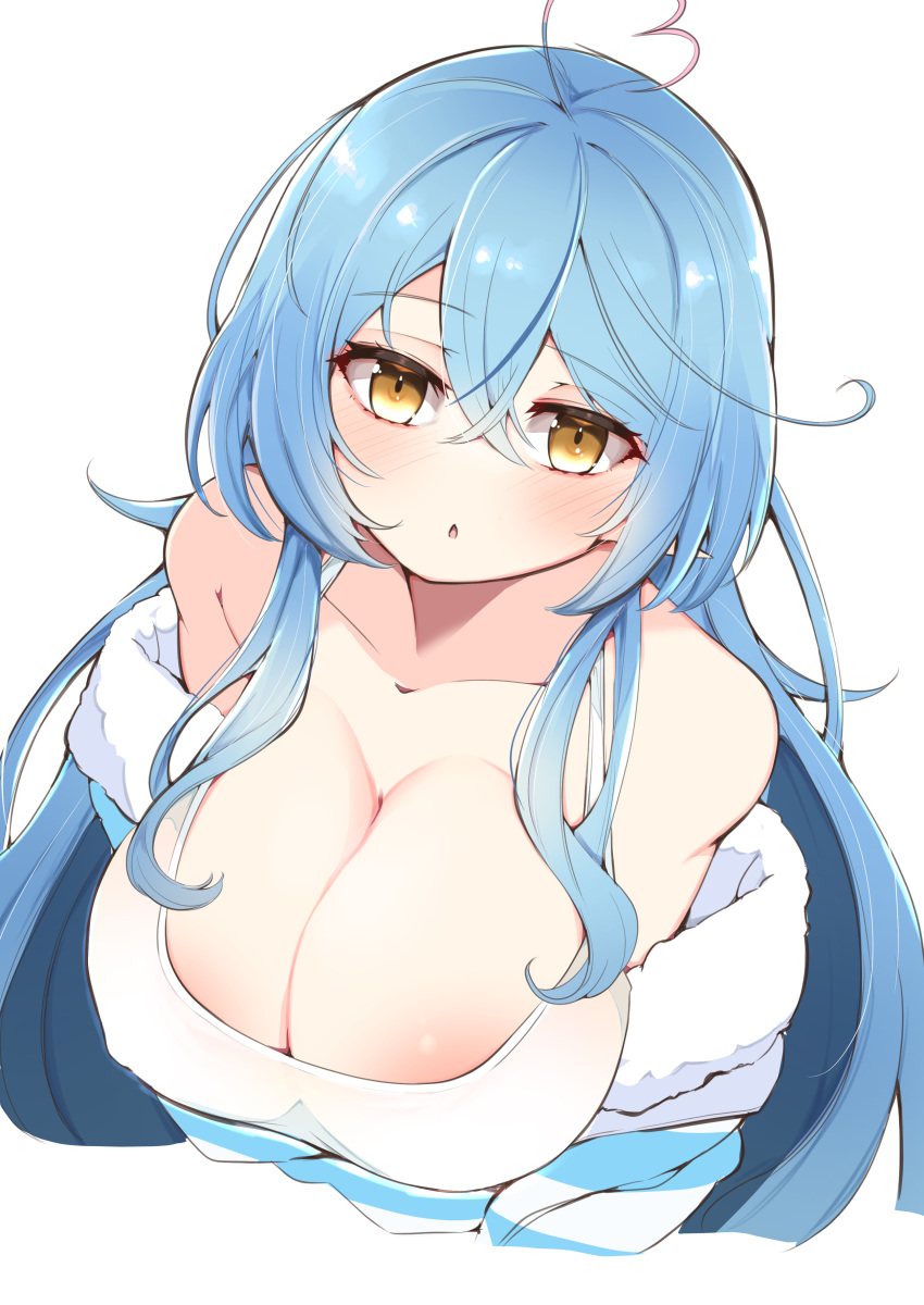 1girl absurdres ahoge areola_slip black_socks blue_hair blue_jacket blush breasts camisole cleavage cropped_torso crossed_bangs double-parted_bangs fur-trimmed_jacket fur_trim hair_between_eyes heart heart_ahoge highres hololive jacket large_areolae large_breasts long_hair looking_at_viewer messy_hair multicolored_hair off_shoulder official_alternate_costume official_alternate_hairstyle paid_reward_available parted_lips partially_unzipped sleepwear socks solo streaked_hair striped_clothes striped_jacket upper_body v_arms very_long_hair virtual_youtuber white_camisole yamada_naoko_(kodamayanao) yellow_eyes yukihana_lamy yukihana_lamy_(4th_costume)