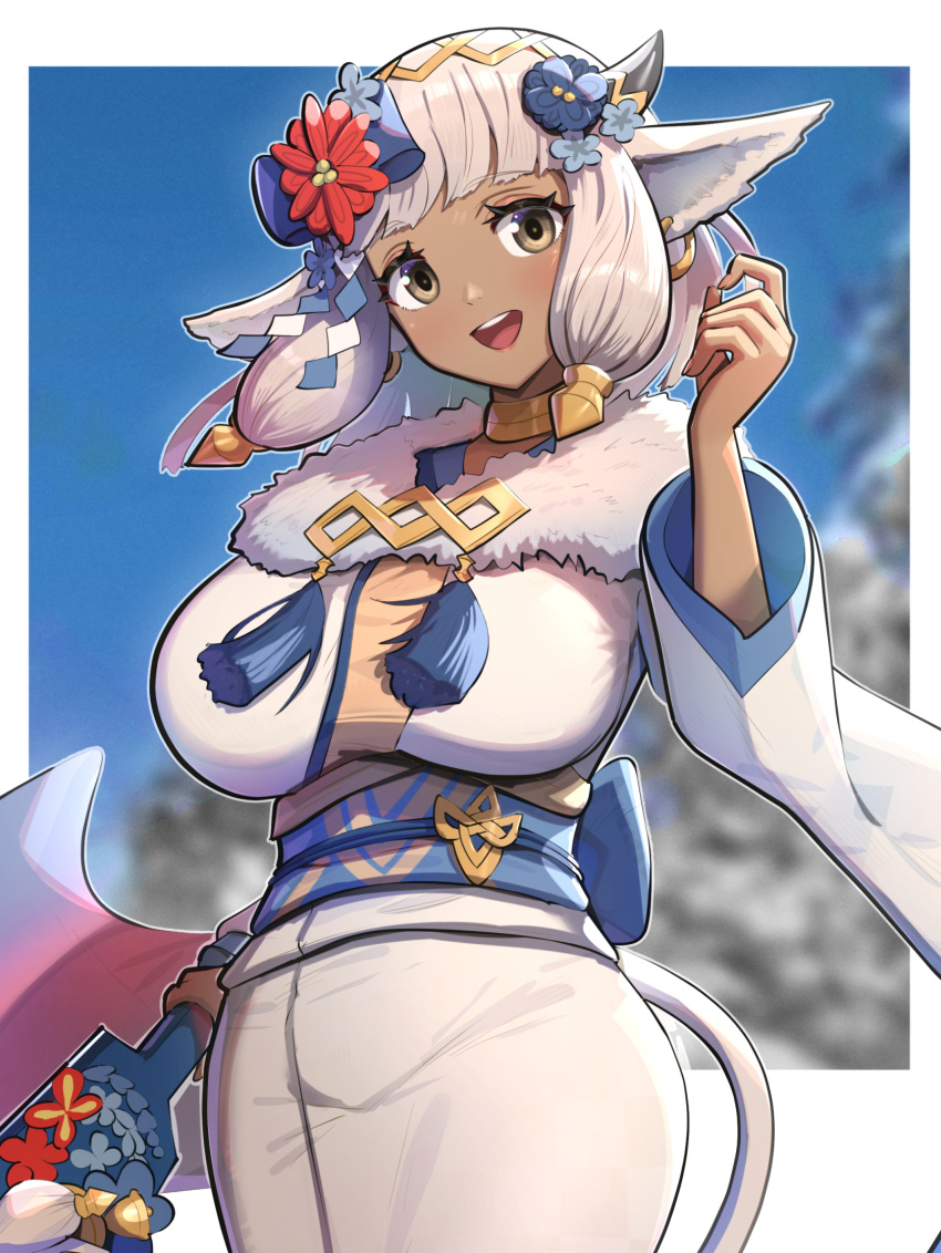 1girl animal_ears ash_(fire_emblem) ash_(new_year)_(fire_emblem) breasts cow_ears cow_girl cow_horns cow_tail dark-skinned_female dark_skin earrings fire_emblem fire_emblem_heroes fur-trimmed_kimono fur_trim gonzarez hagoita highres horns japanese_clothes jewelry kimono large_breasts long_hair looking_at_viewer official_alternate_costume open_mouth paddle smile solo tail teeth upper_teeth_only white_hair white_kimono