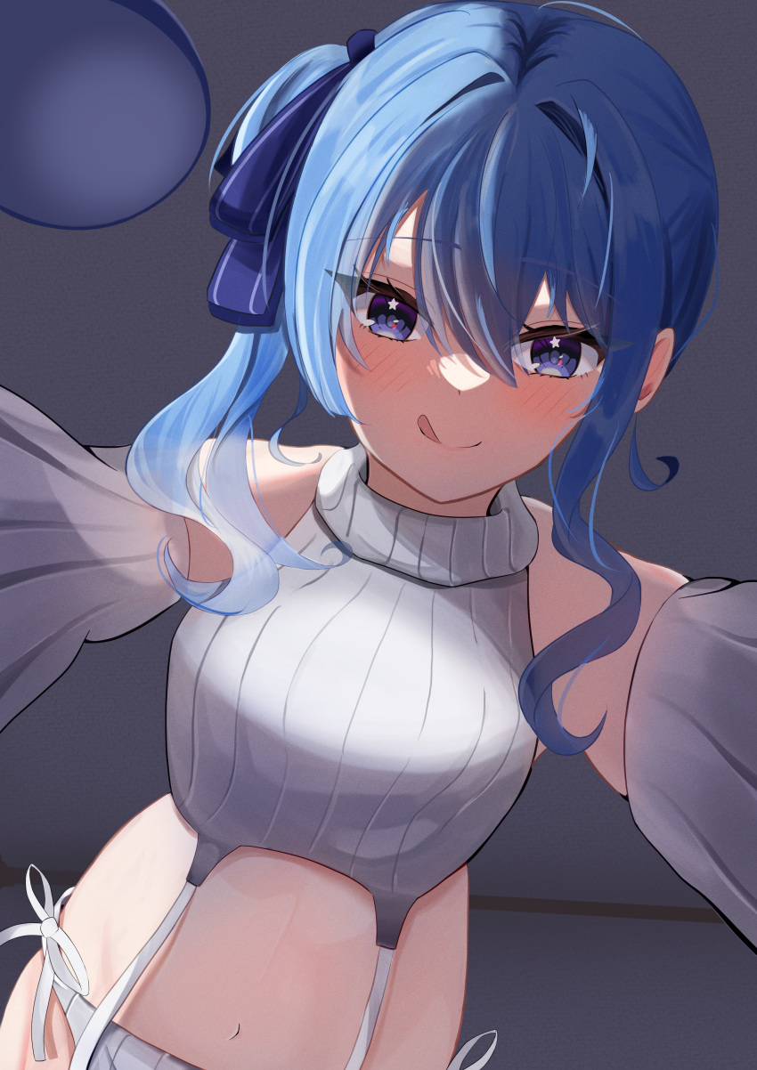 1girl :q absurdres blue_eyes blue_hair blue_ribbon breasts ceiling closed_mouth detached_sleeves from_below girl_on_top hair_ribbon high_side_ponytail highres hololive hoshimachi_suisei kurenaiaoi0 looking_at_viewer meme_attire navel panties pov ribbon smile solo star_(symbol) star_in_eye sweater symbol_in_eye tongue tongue_out turtleneck turtleneck_sweater underwear virgin_destroyer_sweater virgin_killer_sweater virtual_youtuber wavy_hair white_panties