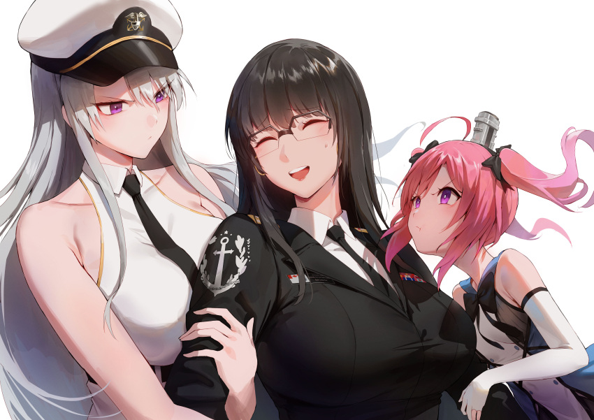3girls absurdres angry azur_lane black_hair black_necktie breasts closed_eyes closed_mouth collared_shirt commission elbow_gloves enterprise_(azur_lane) frown glasses gloves grey_hair hat highres holding_another's_arm jealous large_breasts long_hair long_sleeves looking_at_another multiple_girls necktie open_mouth pink_hair purple_eyes rororo saratoga_(azur_lane) shirt simple_background sleeveless small_breasts smile standing twintails white_background white_gloves white_shirt