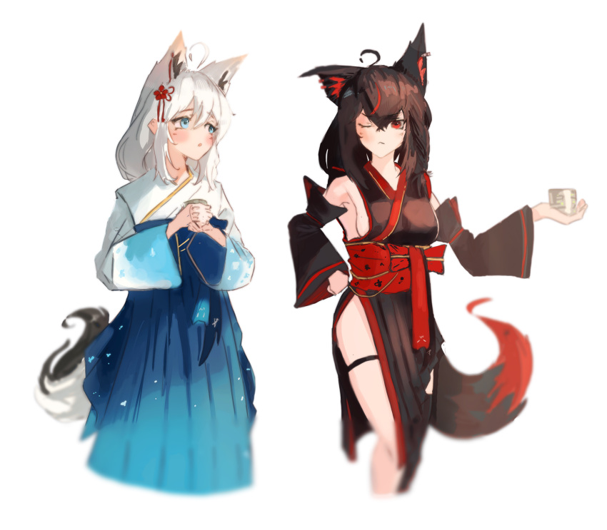 2girls absurdres ahoge animal_ear_fluff animal_ears black_hair blush braid breasts commentary_request earrings fox_ears fox_girl fox_tail green_eyes hair_between_eyes hakama hakama_skirt hand_on_own_hip highres hololive japanese_clothes jewelry kimono kurokami_fubuki long_hair looking_at_another looking_at_viewer medium_breasts multiple_girls obi one_eye_closed open_mouth red_eyes red_hair retrocreature sash shirakami_fubuki shirakami_fubuki_(new_year) sideboob sidelocks simple_background single_braid skirt tail thigh_strap virtual_youtuber white_background white_hair