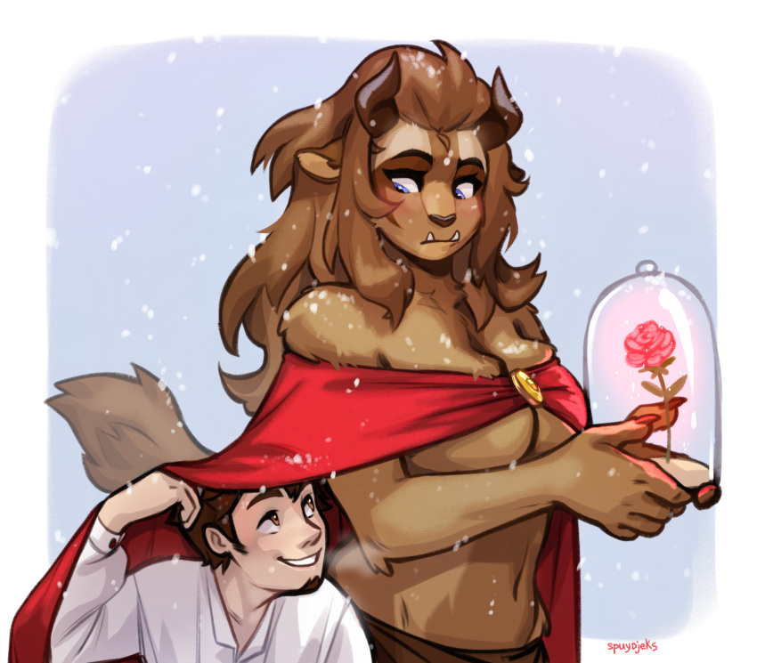 anthro beast_(disney) beauty_and_the_beast blue_eyes breasts brown_body brown_fur brown_hair cape clothing crossgender cute_fangs disney duo facial_hair female flower ftm_crossgender fur goatee hair hi_res horn human human_on_anthro interspecies larger_anthro larger_female male male/female mammal midriff monster mtf_crossgender navel plant rose_(flower) shirt size_difference smaller_human smaller_male smile snow spuydjeks topwear