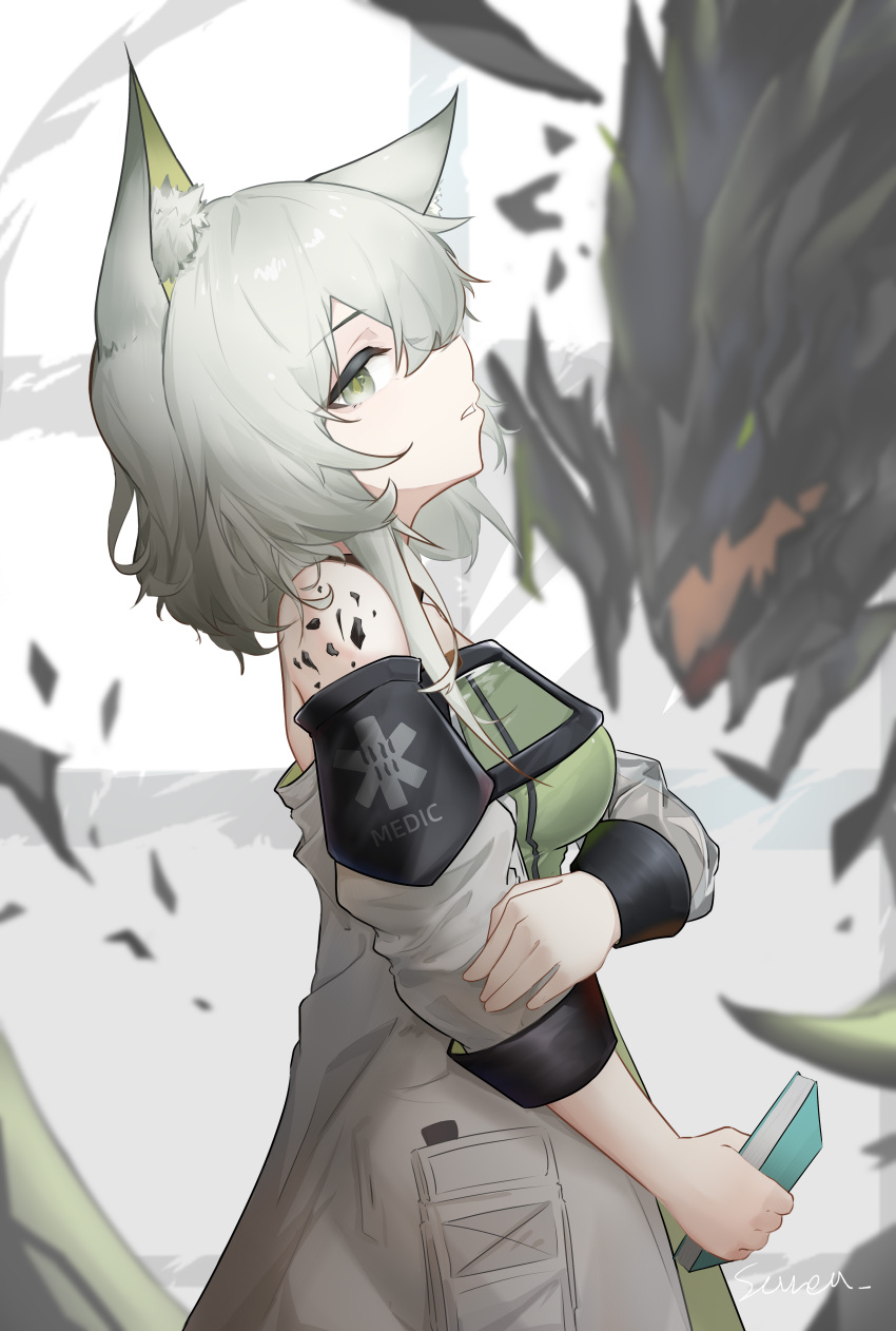 1girl absurdres animal_ears arknights bare_shoulders breasts cat_ears commentary_request dress green_dress grey_eyes grey_hair highres holding kal'tsit_(arknights) long_sleeves looking_at_viewer medium_breasts mon3tr_(arknights) oripathy_lesion_(arknights) parted_lips sarea_(sarea2020) short_hair solo upper_body