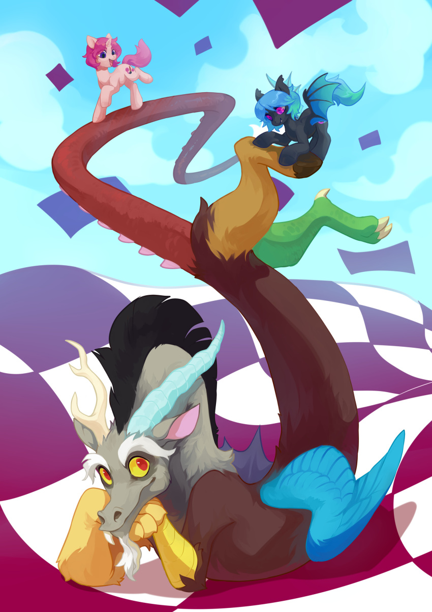 absurd_res antlers black_mane blue_hair blue_horn blue_wings brown_body brown_fur brown_hooves corzh77 cutie_mark discord_(mlp) equid equine feathered_wings feathers feral friendship_is_magic fur glistening glistening_eyes green_body grey_body grey_fur group hair hasbro hi_res hooves horn male mammal mane membrane_(anatomy) membranous_wings my_little_pony no_pupils pink_body pink_eyes pink_hair pupils purple_eyes purple_pupils red_body red_eyes trio unicorn white_antlers wings yellow_sclera