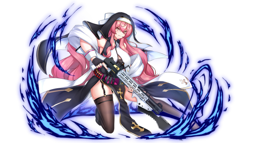 1girl absurdres alternate_costume bare_shoulders belt black_dress black_footwear black_gloves black_thighhighs blue_fire breast_curtains breasts cleavage coif counter:side dress fingerless_gloves fire full_body garter_straps gloves grin gun hair_between_eyes high_heels highres holding holding_gun holding_weapon long_dress long_hair looking_at_viewer mapyarong nun on_one_knee pelvic_curtain pink_belt pink_hair rifle shawl sleeveless sleeveless_dress smile solo thighhighs trigger_discipline v-neck veronica_(counter:side) very_long_hair weapon white_background white_shawl white_wrist_cuffs wrist_cuffs yellow_eyes