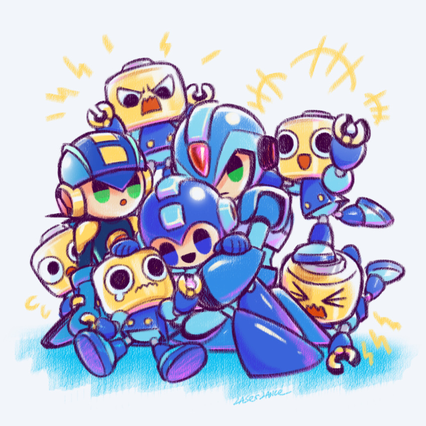 3boys bilingual black_hair blue_eyes chibi closed_mouth copyright_name green_eyes highres humanoid_robot laser-lance long_hair looking_at_another mega_man_(character) mega_man_(classic) mega_man_(series) mega_man_battle_network_(series) mega_man_legends_(series) mega_man_x_(series) megaman.exe mixed-language_text multiple_boys open_mouth robot servbot_(mega_man) x_(mega_man)