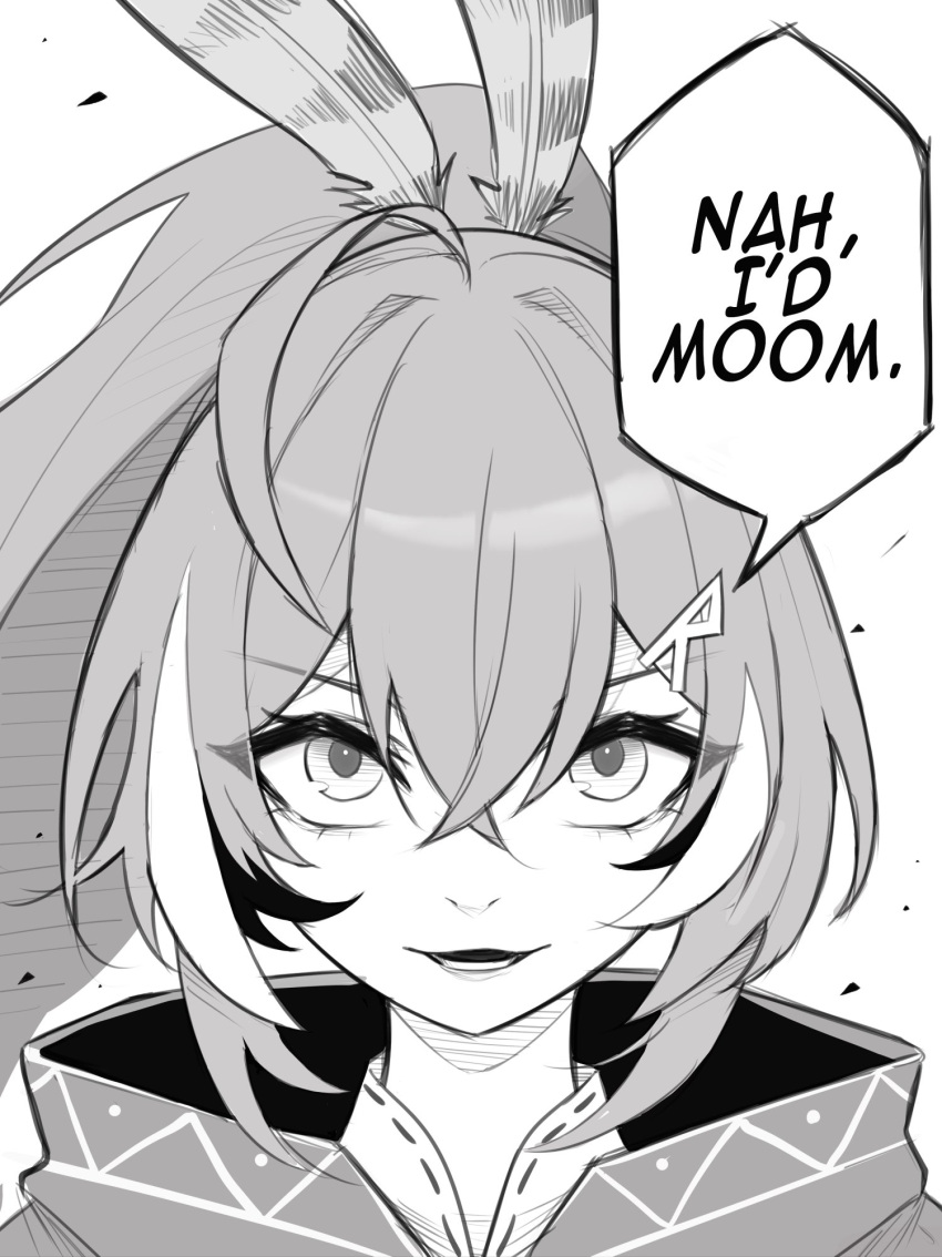 1girl ahoge cloak commentary crossed_bangs double-parted_bangs english_commentary facing_viewer feather_hair_ornament feathers greyscale hair_ornament hairclip highres hololive hololive_english long_hair m_r_b meme monochrome multicolored_hair nah_i'd_win_(meme) nanashi_mumei nanashi_mumei_(1st_costume) ponytail solo streaked_hair