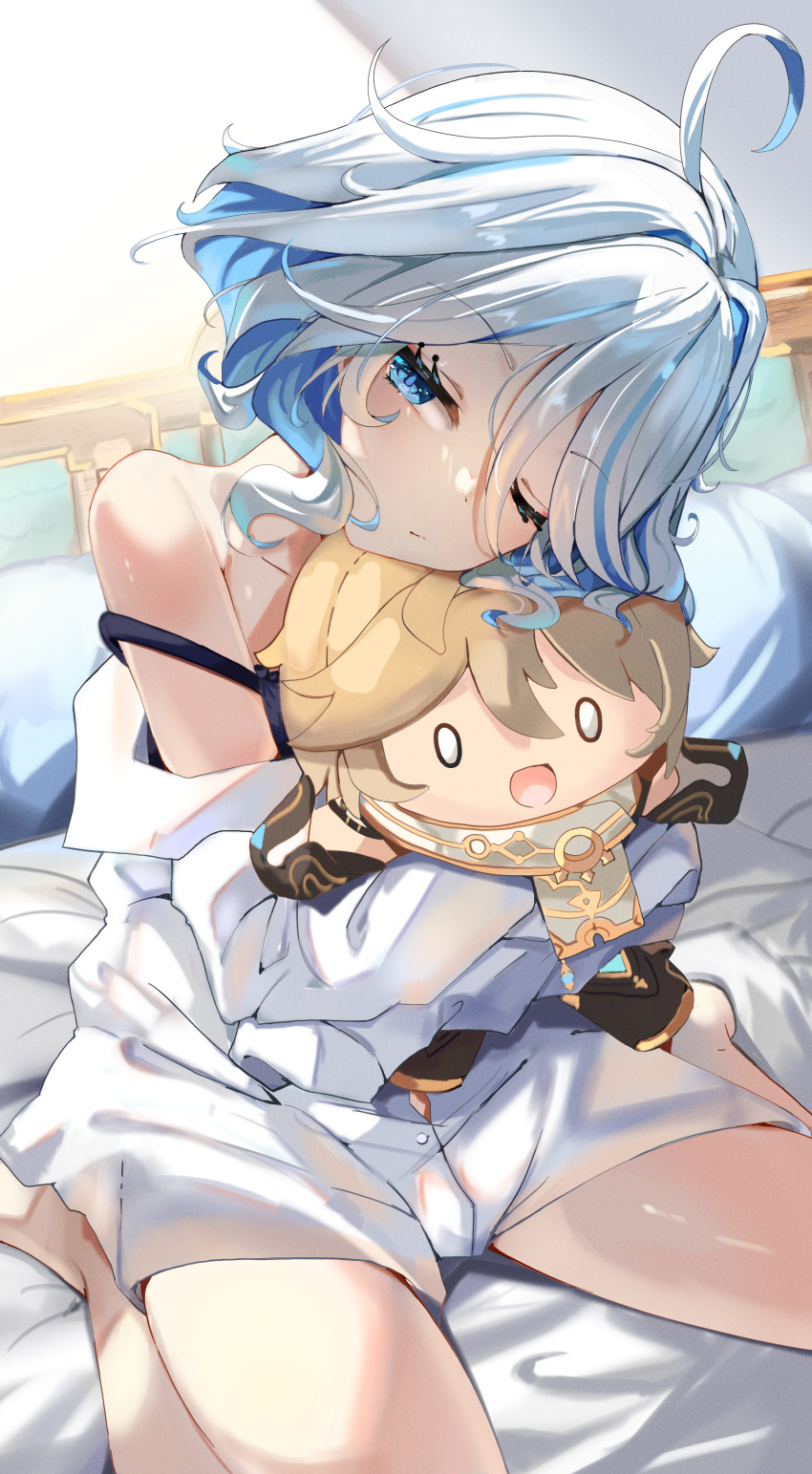 1girl absurdres aether_(genshin_impact) bare_shoulders bimmy black_camisole blue_eyes blue_hair camisole character_doll closed_mouth colored_inner_hair commentary cowlick drop-shaped_pupils furina_(genshin_impact) genshin_impact head_rest highres hugging_doll hugging_object light_blue_hair looking_at_viewer multicolored_hair one_eye_closed seiza shirt short_hair sitting solo stuffed_toy wavy_hair white_shirt