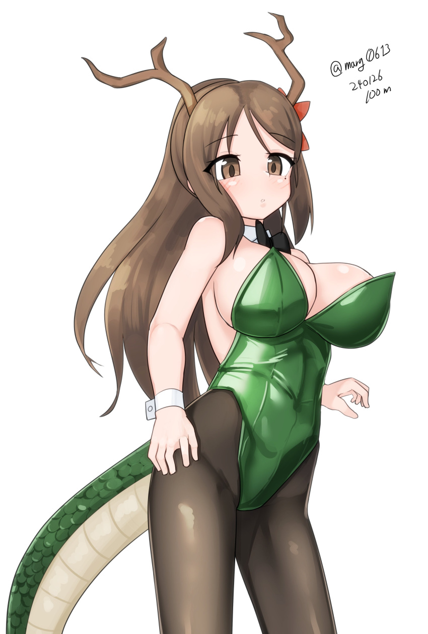 1girl absurdres alternate_costume amagi_(kancolle) black_bow black_bowtie black_pantyhose bow bowtie breasts brown_eyes brown_hair contrapposto cowboy_shot dated detached_collar dragon_horns dragon_tail flower green_leotard hair_flower hair_ornament highres horns kantai_collection large_breasts leotard long_hair looking_at_viewer maru_(marg0613) nontraditional_playboy_bunny one-hour_drawing_challenge pantyhose ponytail simple_background solo strapless strapless_leotard tail twitter_username white_background wrist_cuffs