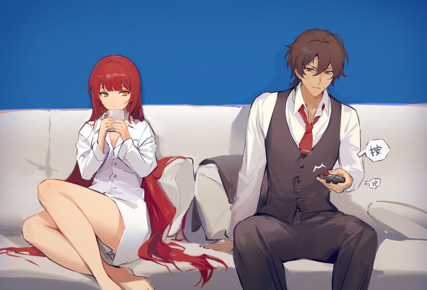 1boy 1girl anger_vein arashiko_falcom blue_background brown_eyes brown_hair controller couch cup fata_morgana_no_yakata feet_out_of_frame foot_out_of_frame holding holding_cup jacopo_bearzatti long_hair long_sleeves looking_at_another morgana_(fata_morgana_no_yakata) necktie no_pants on_couch red_hair red_necktie remote_control shirt short_hair sitting suit very_long_hair waistcoat white_shirt yellow_eyes