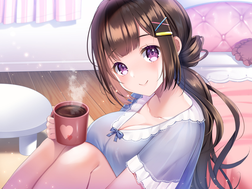 1girl absurdres bed bedroom blue_shirt blush breasts brown_hair cleavage closed_mouth coffee coffee_cup collarbone cup curtains disposable_cup hair_ornament hairclip highres indoors knees_up koyama_sao large_breasts long_hair looking_at_viewer non-web_source original purple_eyes rug shirt sidelocks sitting smile solo table wooden_floor x_hair_ornament