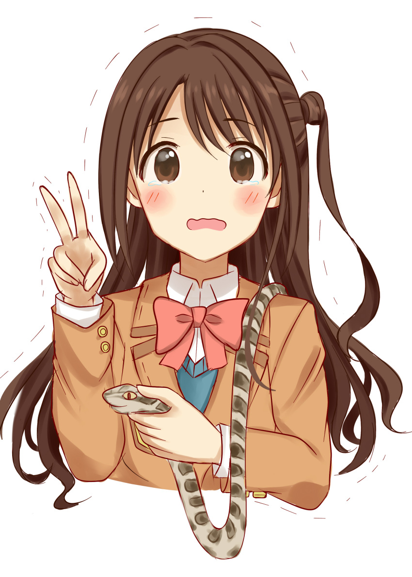 1girl :0 absurdres bangs blazer blush bow bowtie brown_eyes brown_hair collared_shirt commentary_request cropped_torso dot_nose dress_shirt female hand_up highres idolmaster idolmaster_cinderella_girls jacket long_hair long_sleeves looking_at_viewer mizukoshi_(marumi) neck one_side_up open_mouth orange_jacket scared school_uniform shimamura_uzuki shirt simple_background snake tareme tears v v-neck wavy_mouth white_background white_shirt wide-eyed wing_collar