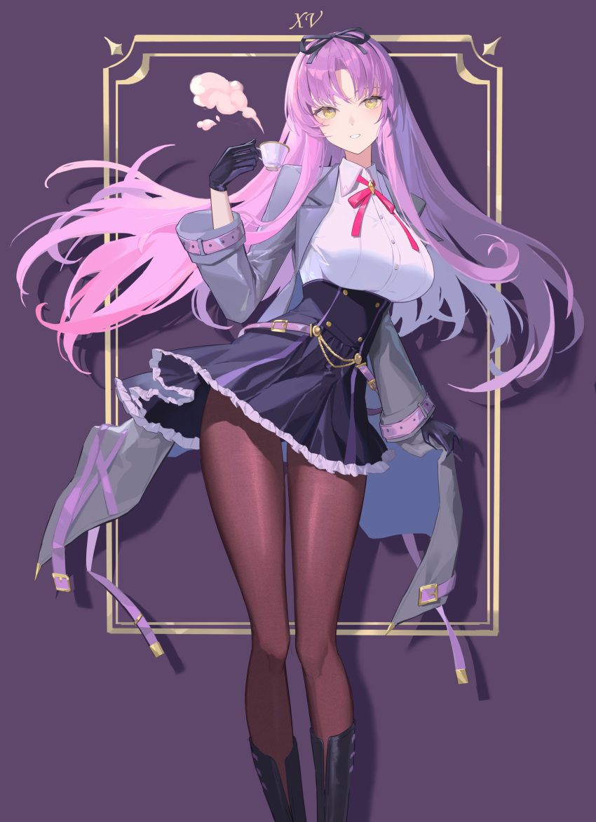 1girl absurdres black_gloves boots bow breasts coat cup curtained_hair eiyuu_densetsu floating_hair gloves hair_bow highres holding holding_cup kuro_no_kiseki kuro_no_kiseki_ii large_breasts long_hair looking_at_viewer open_clothes open_coat purple_background purple_hair renne_(eiyuu_densetsu) roman_numeral senya8833 sidelocks simple_background skirt solo steam teacup thighhighs yellow_eyes