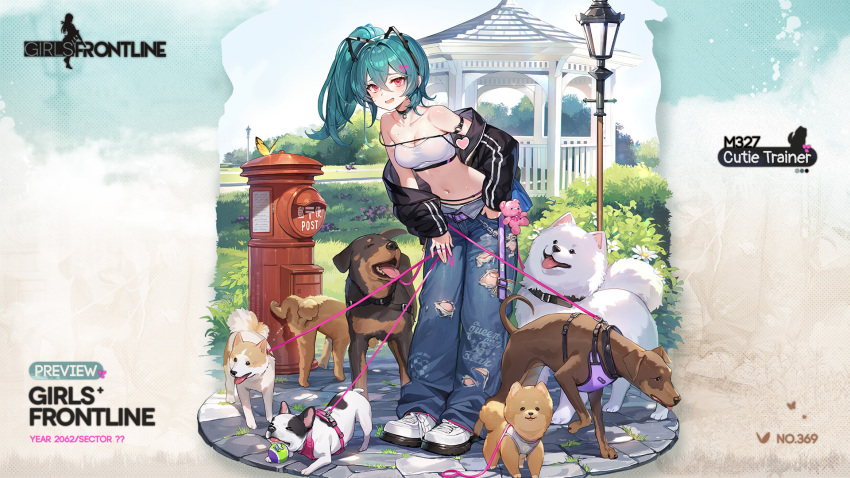 1girl animal_ear_hairband animal_ears aqua_hair ball bare_shoulders belt black_choker black_jacket blush breasts brown_dog bug bush butterfly chain character_name choker cleavage closed_eyes clothes_writing collarbone commentary copyright_name crossed_bangs day denim dinergate_(girls'_frontline) dog dog_ears dog_request english_commentary fake_animal_ears flower foliage forced_smile full_body gazebo girls'_frontline grass hair_between_eyes hair_ornament hairband hairclip hand_in_pocket hand_on_own_thigh heart highres holding holding_leash jacket jeans lamppost leaning_forward leash long_hair looking_at_viewer m327_(cutie_trainer)_(girls'_frontline) m327_(girls'_frontline) medium_breasts multiple_dogs navel non-humanoid_robot o-ring_arm_strap off_shoulder official_alternate_costume official_art open_clothes open_fly open_jacket open_mouth outdoors panties pants park path peeing ponytail postbox_(outgoing_mail) purple_belt red_eyes robot sangvis_ferri second-party_source shoes sneakers solo standing stone_floor strapless striped_clothes striped_jacket stuffed_animal stuffed_toy sweat teddy_bear teddy_bear_ornament tennis_ball tongue tongue_out too_many too_many_dogs torn_clothes torn_jeans torn_pants tree tube_top underwear vertical-striped_clothes vertical-striped_jacket white_dog white_flower white_footwear white_panties white_tube_top whoisshe yellow_butterfly