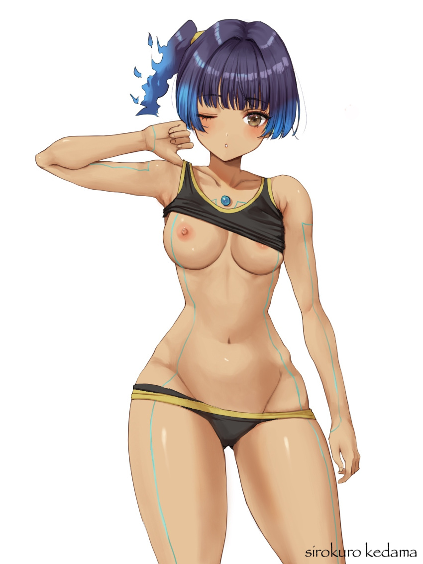 1girl artist_name black_panties black_sports_bra blue_hair breasts brown_eyes chest_jewel clothes_lift collarbone commentary_request crop_top fiery_hair glowing_lines highres looking_at_viewer medium_breasts midriff navel nipples one_eye_closed panties sena_(xenoblade) side_ponytail sirokurokedama solo sports_bra sports_bra_lift sportswear underwear white_background xenoblade_chronicles_(series) xenoblade_chronicles_3