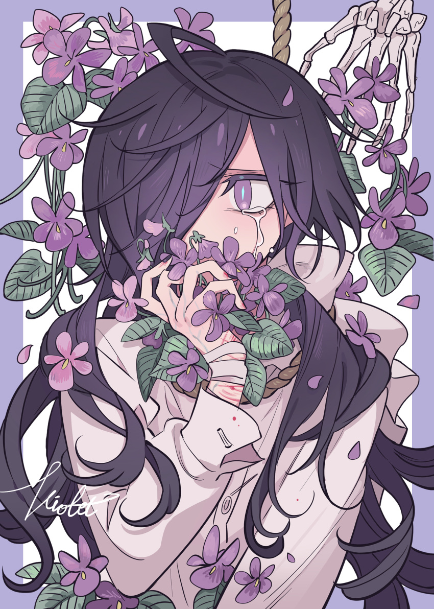 1boy absurdres averting_eyes black_hair black_nails bleeding blood border collared_shirt covering_own_mouth crying crying_with_eyes_open cuts floral_background flower hair_over_one_eye hand_over_own_mouth hand_up highres holding holding_flower injury long_hair long_sleeves looking_to_the_side meremero nail_polish noose original petals purple_border purple_eyes purple_flower sad self-harm self-harm_scar shirt skeletal_arm solo tears upper_body veins veiny_arms white_shirt wrist_cutting