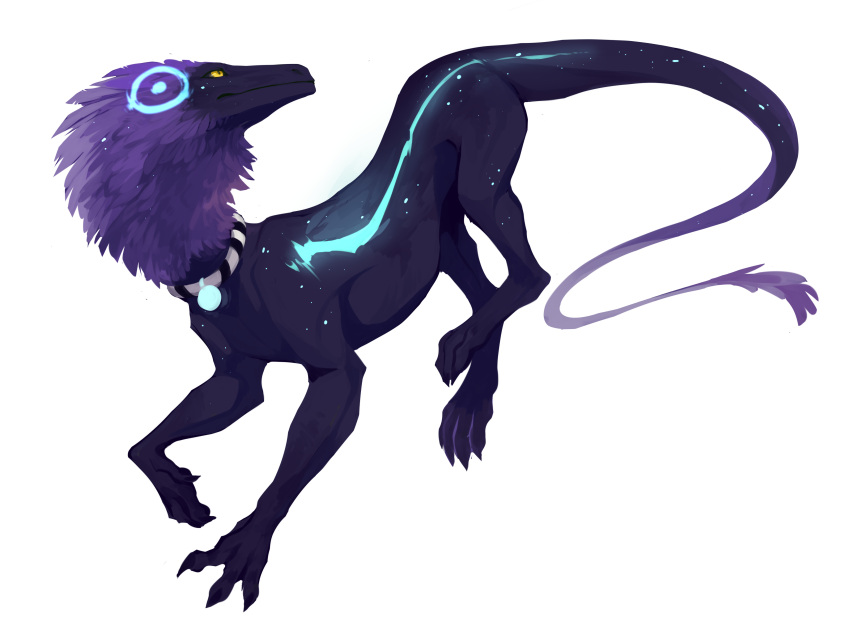 absurd_res ambiguous_gender black_sclera blue_markings collar corzh77 dark_body feral grey_collar hi_res markings mouth_closed purple_body purple_tail side_view simple_background solo species_request tail white_background yellow_eyes