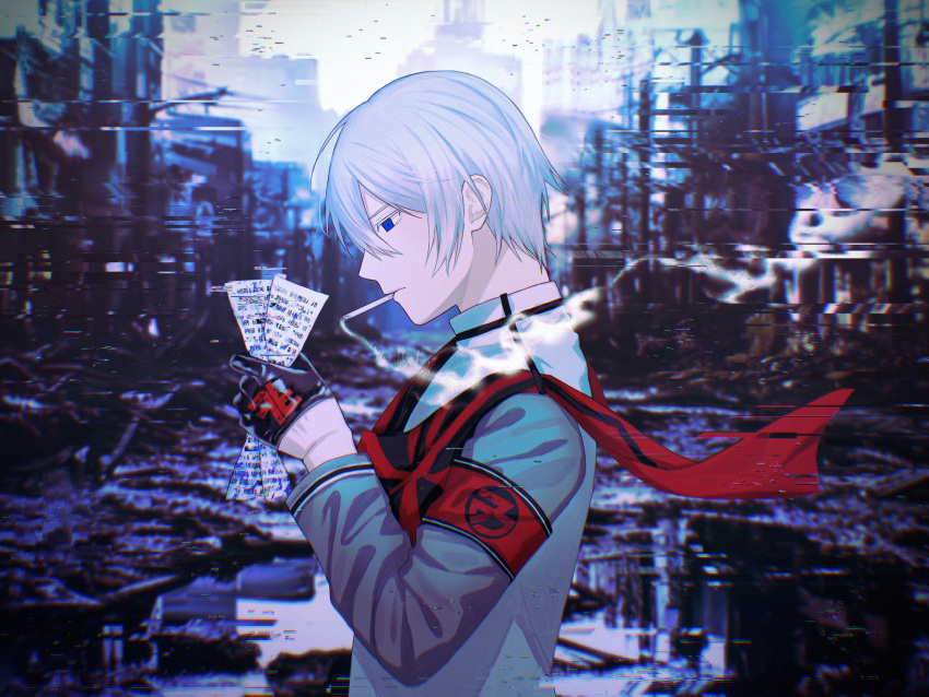 1boy albino_(vocaloid) blue_eyes blue_hair from_side general_(module) glitch gloves hair_between_eyes half_gloves highres kaito_(vocaloid) light_blue_hair male_focus military_uniform pale_skin profile project_diva_(series) puddle samecan short_hair smoking solo uniform upper_body vocaloid