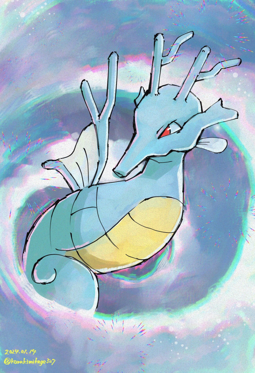 animal_focus back_fin commentary_request dated fins fish full_body head_fins highres in_water kingdra kurakimikage327 looking_to_the_side no_humans pokemon pokemon_(creature) red_eyes seahorse signature solo twitter_username water whirlpool whirlpool_(pokemon)