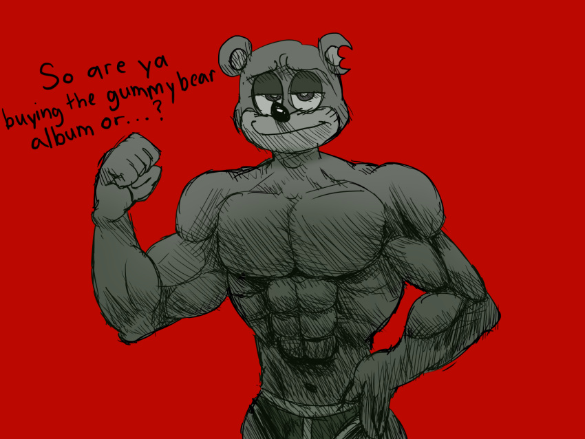 4:3 5_fingers abs anthro bear doggie358 english_text fingers gummybear_and_friends male mammal muscular muscular_anthro muscular_male notched_ear pecs red_background simple_background solo text