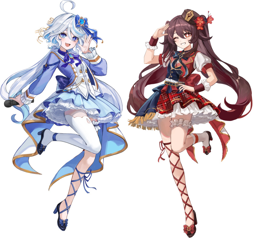 2girls absurdres ahoge alternate_costume back_bow black_footwear blue_eyes blue_hair blue_jacket blue_skirt bow bright_pupils brown_hair dasha dress drop-shaped_pupils fang flower-shaped_pupils full_body furina_(genshin_impact) genshin_impact hair_between_eyes heterochromia high_heels highres holding holding_microphone hu_tao_(genshin_impact) jacket long_hair long_sleeves looking_at_viewer microphone mismatched_pupils multicolored_hair multiple_girls one_eye_closed open_mouth parted_lips red_bow red_dress red_eyes revision short_sleeves simple_background single_sock single_thighhigh skirt smile socks solo standing standing_on_one_leg streaked_hair symbol-shaped_pupils teeth thighhighs twintails white_background white_hair white_pupils white_socks white_thighhighs