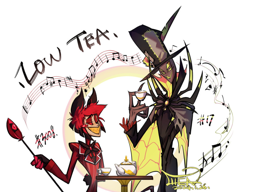 4_eyes alastor_(hazbin_hotel) animal_humanoid chen_strawberrr clothed clothing container cup deer deer_humanoid demon demon_humanoid duo english_text hat hazbin_hotel headgear headwear hi_res humanoid male mammal mammal_humanoid multi_eye musical_note tea_cup teapot text zestial_(hazbin_hotel)