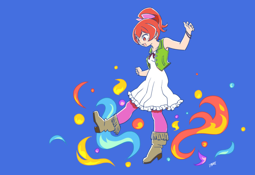 1girl bare_shoulders blue_background blue_fire boots bracelet collarbone collared_vest dress fashion fire frilled_dress frills full_body green_vest hinoko_(sunafuki_tabito) jewelry leggings looking_down open_clothes open_mouth open_vest original pink_leggings pleated_dress ponytail red_eyes red_hair red_ribbon ribbon short_eyebrows signature sleeveless solo sunafuki_tabito vest white_dress yellow_fire