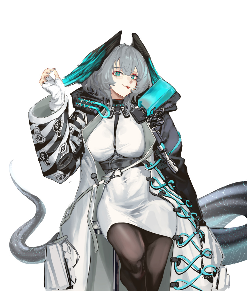 1girl aqua_eyes aqua_wings arknights between_breasts black_coat black_wings breasts coat commentary covered_navel cowboy_shot english_commentary feathered_wings fingerless_gloves gandy_(gan3e46) gloves grey_hair hand_up head_wings highres ho'olheyak_(arknights) infection_monitor_(arknights) long_coat looking_at_viewer medium_breasts multicolored_coat open_clothes open_coat pantyhose simple_background smile snake_girl snake_tail solo strap_between_breasts tail thighs tongue tongue_out two-tone_coat two-tone_wings white_background white_coat white_gloves white_nails wings