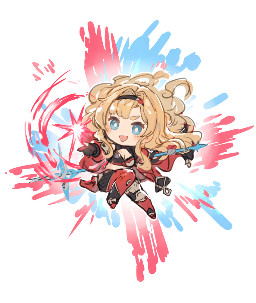 1girl :d black_hairband blonde_hair blue_eyes boots breasts chibi cleavage cleavage_cutout clothing_cutout granblue_fantasy hair_intakes hairband highres holding holding_polearm holding_weapon long_hair polearm shimatani_azu smile weapon weapon_behind_back zeta_(granblue_fantasy) zeta_(grand)_(granblue_fantasy)