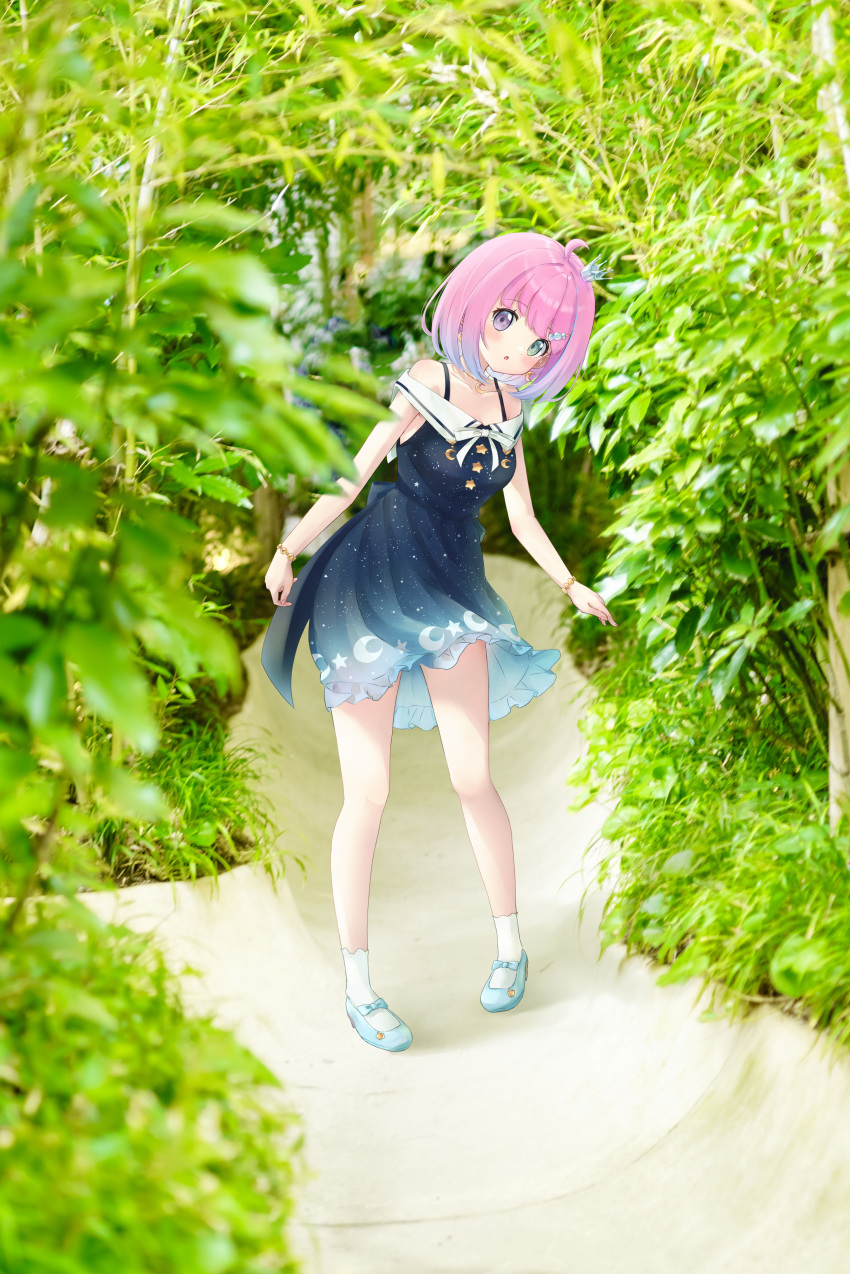 1girl 4kimizuki :o absurdres arms_at_sides blue_dress blue_footwear blush bob_cut breasts candy_hair_ornament crescent crescent_necklace crescent_print dress food-themed_hair_ornament full_body gradient_dress gradient_hair green_eyes hair_ornament hairclip head_tilt heterochromia highres himemori_luna himemori_luna_(sundress) hololive jewelry looking_at_viewer mary_janes medium_hair multicolored_hair necklace off-shoulder_dress off_shoulder official_alternate_costume official_alternate_hair_length official_alternate_hairstyle open_mouth photo_background pink_hair print_dress purple_eyes purple_hair sailor_collar sailor_dress shoes short_dress sleeveless sleeveless_dress small_breasts socks solo starry_sky_print swept_bangs virtual_youtuber white_sailor_collar white_socks